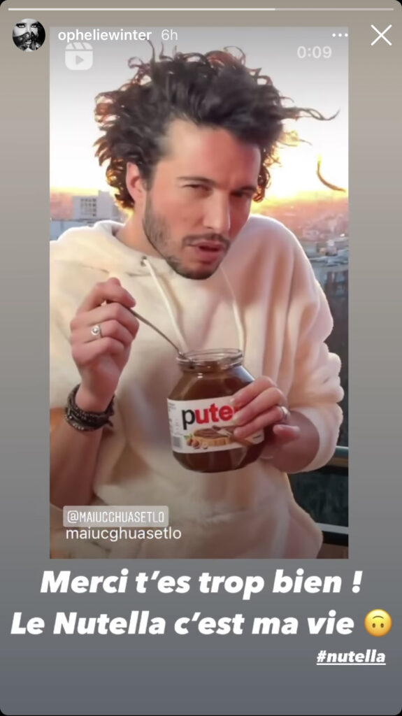 Story Instragram d'Ophélie Winter avec la vidéo Tiktok de @michaelaugustok sur le Nutella et Sache