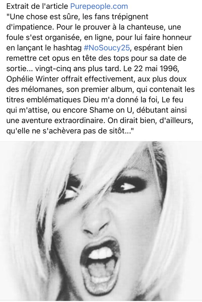 extrait de l'article Purepeople - Ophélie Winter - #Nosoucy25